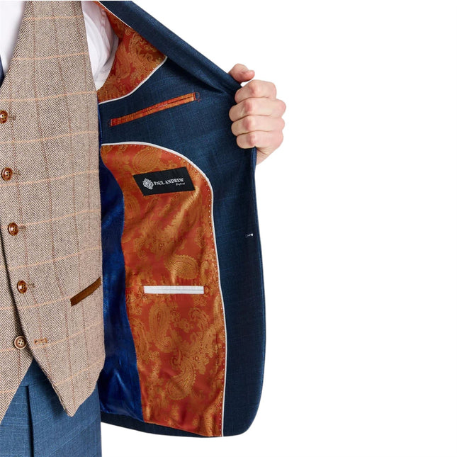 Mens Navy Suit with Brown Tweed Waistcoat Wedding Suit - Harris