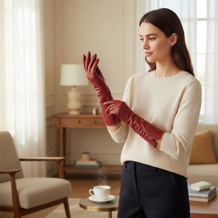 Womens Long Red Italian Leather Winter Button Design Soft Wool Lining Gloves - L-GLV-201