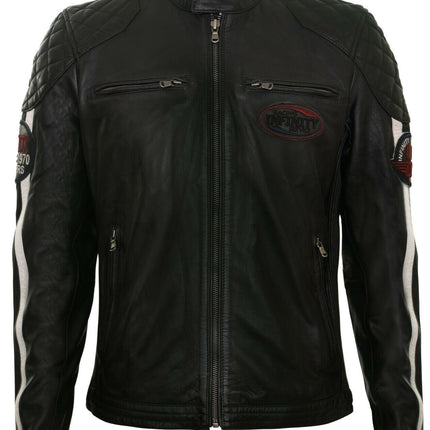 Men’s Classic Striped Racing Leather Jacket- Barcelona
