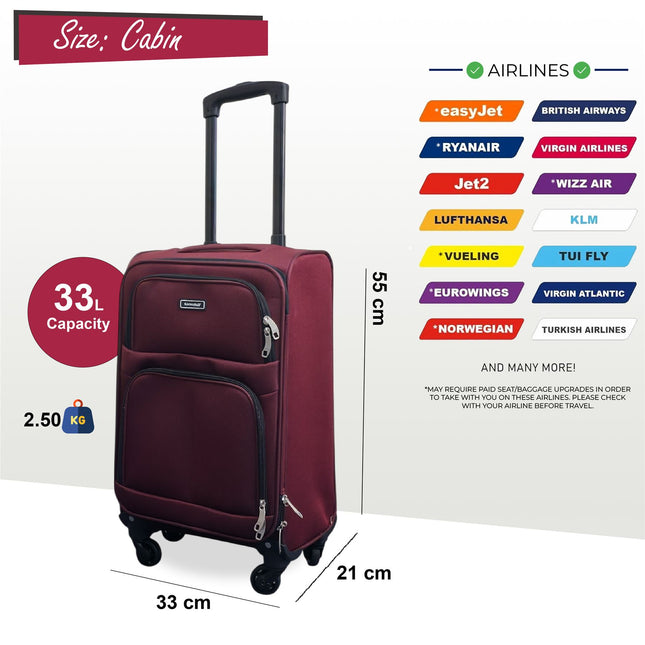 Soft Shell Lightweight Cabin Suitcase 55 x 33 x 21 cm Luggage Suitable for Easyjet, Ryanair