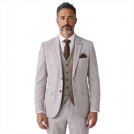 Mens Stone Suit with Harris Brown Tweed Waistcoat Wedding Suit - Mayfair