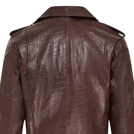 Mens Brown Cow Leather Alligator Print Embossed Biker Jacket - Rot