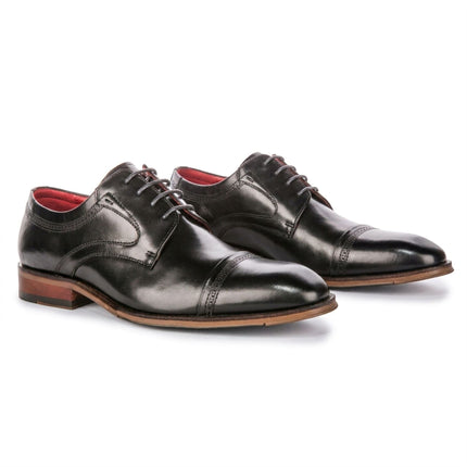 Justin Reess Men's Polished Black Leather Cap Toe Derby Shoes - Everett