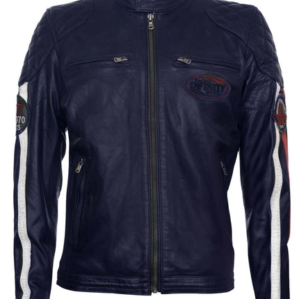 Men’s Classic Striped Racing Leather Jacket- Barcelona