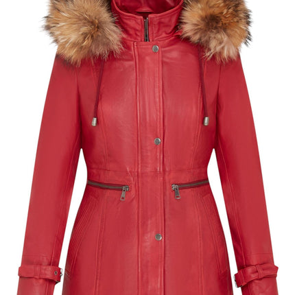 Womens Warm Leather Hooded Parka Jacket-Northwich