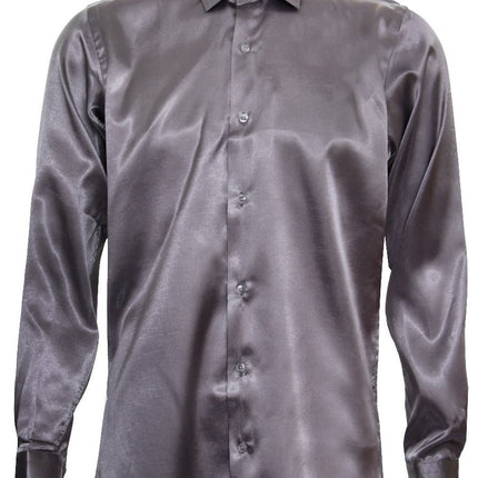 Mens Silver Satin Silk Shirt Smart Casual Button Down Cuff Tailored Fit