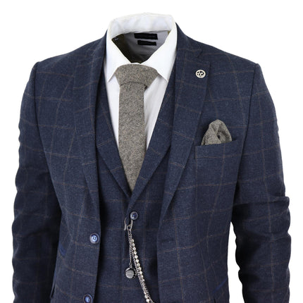 Mens 3 Piece Wool Suit Navy Blue Tweed Check Peaky Blinders 1920 Gatsby Formal
