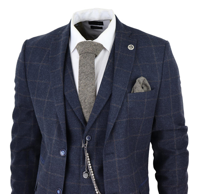 Mens 3 Piece Wool Suit Navy Blue Tweed Check Peaky Blinders 1920 Gatsby Formal