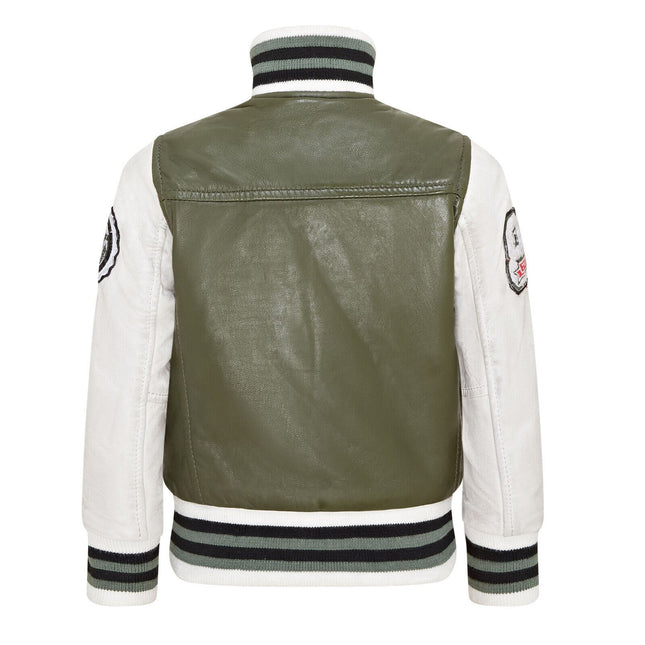 Kids Green Letterman Leather Varsity College Bomber Jacket