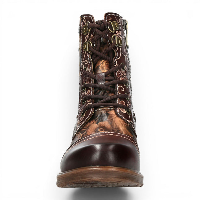 Laura Vita Women's Brown Floral Victorian Leather Lace-up Ankle Boots - Anitao - 11
