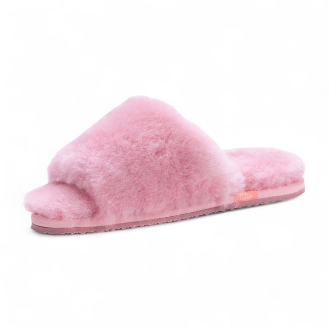 Women's Sheepskin Slippers Pink Warm Winter Fur Sliders - Nordic