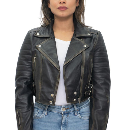 Womens Cropped Brando Leather Biker Jacket-Damascus