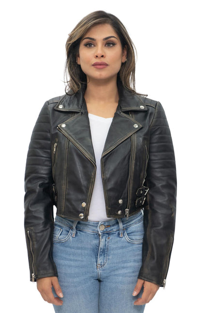 Womens Cropped Brando Leather Biker Jacket-Damascus