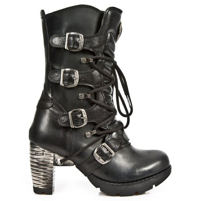 New Rock Ladies Black Leather Metallic Gothic Boots- Tr003-S1