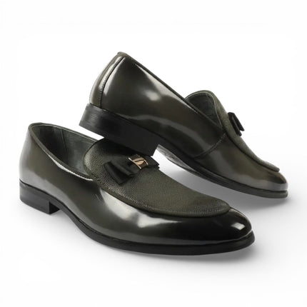 Mens Olive Green Textured Front Iconic Buckle Bow Loafers Shoes