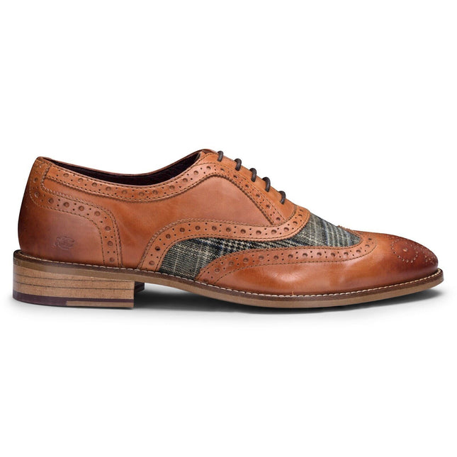 Mens Classic Oxford Tan Leather Gatsby Brogue Shoes With Tweed