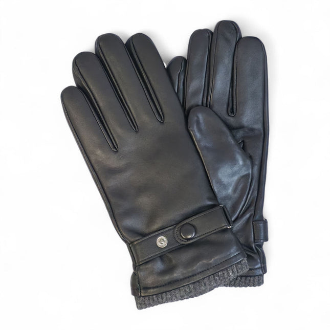 Men’s Black Italian Leather Warm Wool Lining Winter Knit Rib Gloves - M-LGV-105