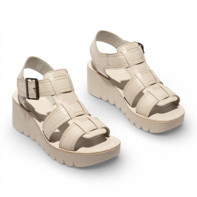 Fly London Women's YUDD236FLY Off White Leather Wedge Sandals