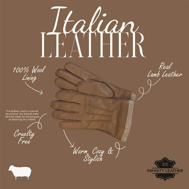 Men’s Tan Brown Italian Leather Warm Wool Lining Winter Gloves - M-LGV-405