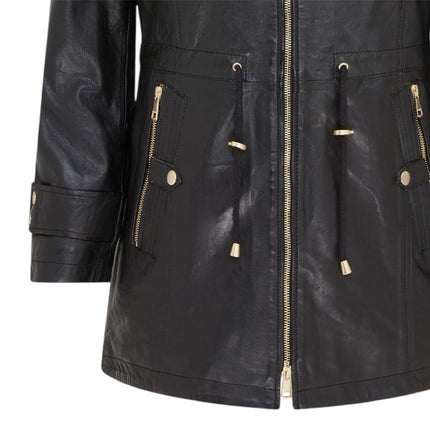 Women's Black Leather Parka Detachable Borg Hooded Trench Coat - Trekker