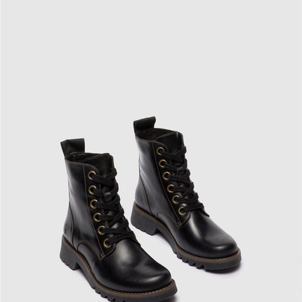 Fly London Womens Black Ragi539 Casual Rug Leather Lace-Up Ankle Boots