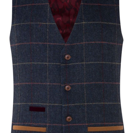 Mens 3 Piece Navy Blue Herringbone Check Vintage Suit