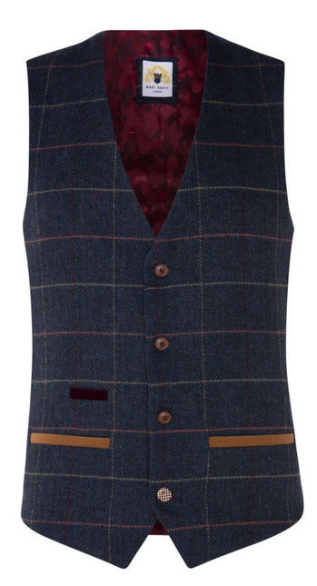 Mens 3 Piece Navy Blue Herringbone Check Vintage Suit