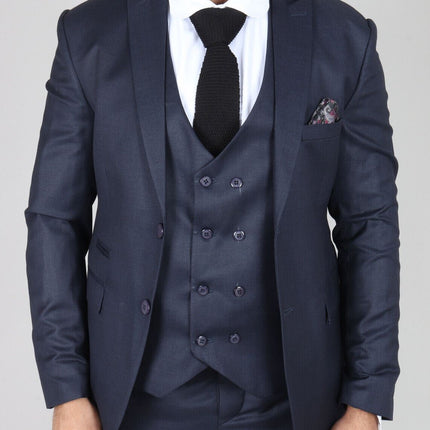 Mens IM1 Double Brusted Plain Navy 3 Piece Suit