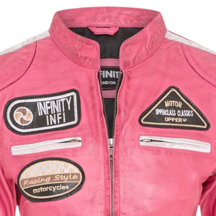Womens Biker Racing Badges Fuschia Leather Jacket-Eastleigh