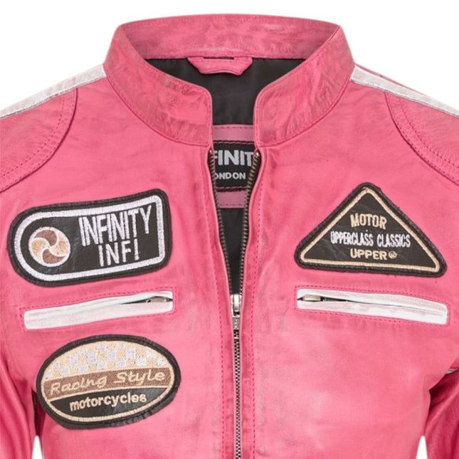 Womens Biker Racing Badges Fuschia Leather Jacket-Eastleigh