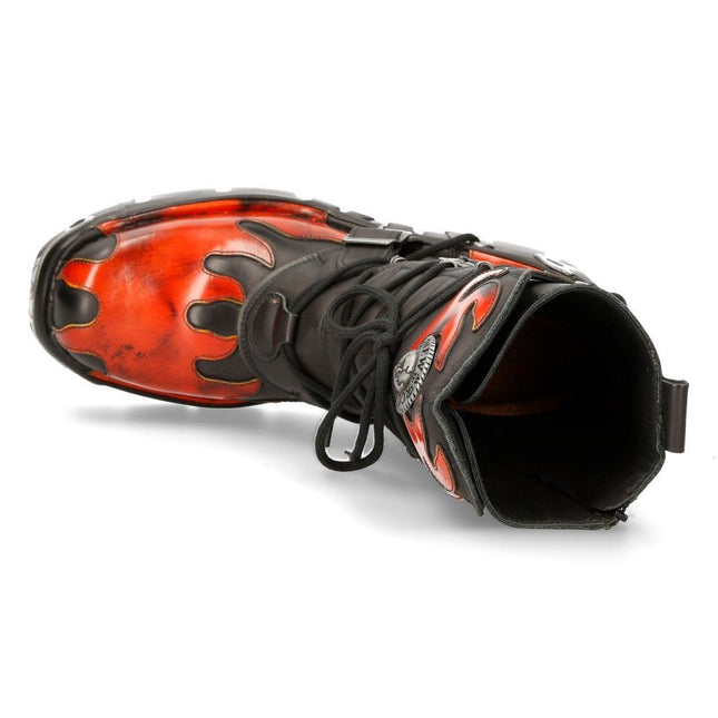 New Rock Flame Accented Black/Red Leather Boots - 591-S1