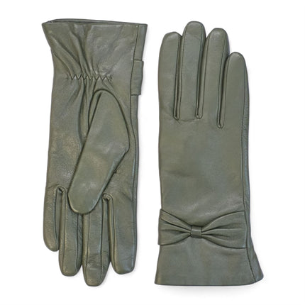 Womens Olive Green Italian Leather Winter Bow Design Soft Wool Lining Gloves - L-GLV-401