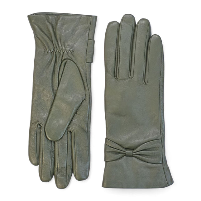 Womens Olive Green Italian Leather Winter Bow Design Soft Wool Lining Gloves - L-GLV-401
