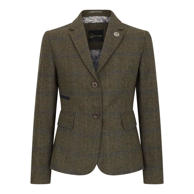 Women's Olive 2 Piece Set Tweed Blazer Waistcoat in Herringbone Check