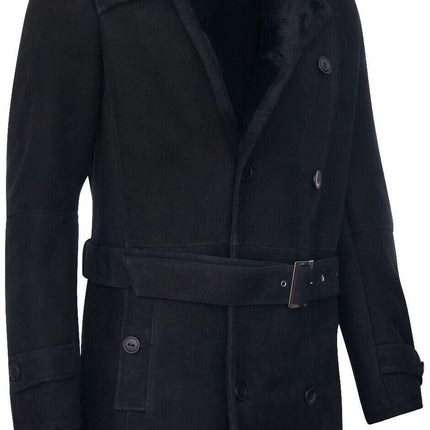 Mens Shearling Sheepskin Suede Pea Coat-Cali