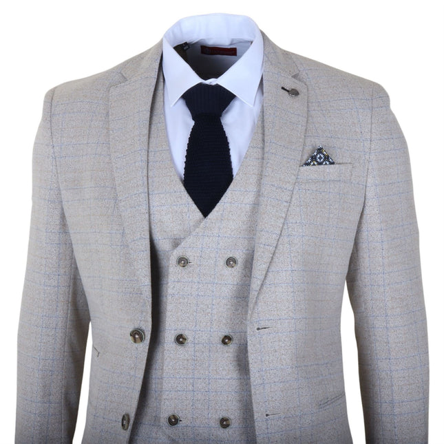 Men's Cream Plain Check 3 Piece Slim Fit Formal Wedding Suit
