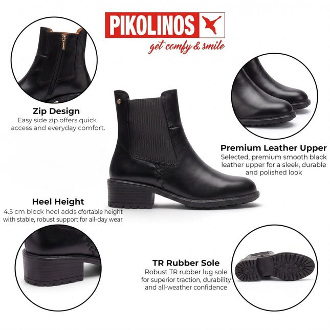 Pikolinos Women's Black Leather Chelsea Heeled Ankle Boots - Medina