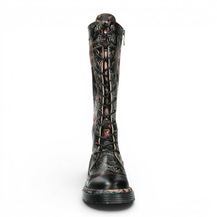 Laura Vita Women's Maroon Gothic Victorian Floral Black Leather Knee-High Lace-Up Boots - Incaso-50