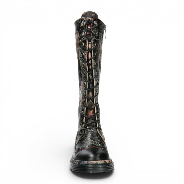 Laura Vita Women's Maroon Gothic Victorian Floral Black Leather Knee-High Lace-Up Boots - Incaso-50