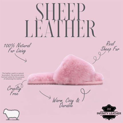 Women's Sheepskin Slippers Pink Warm Winter Fur Sliders - Nordic