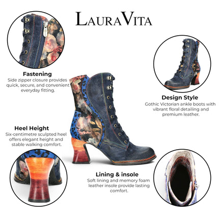 Laura Vita Women's Goth Victorian Floral Blue Leather Lace-Up Heeled Boots - Eleao-42