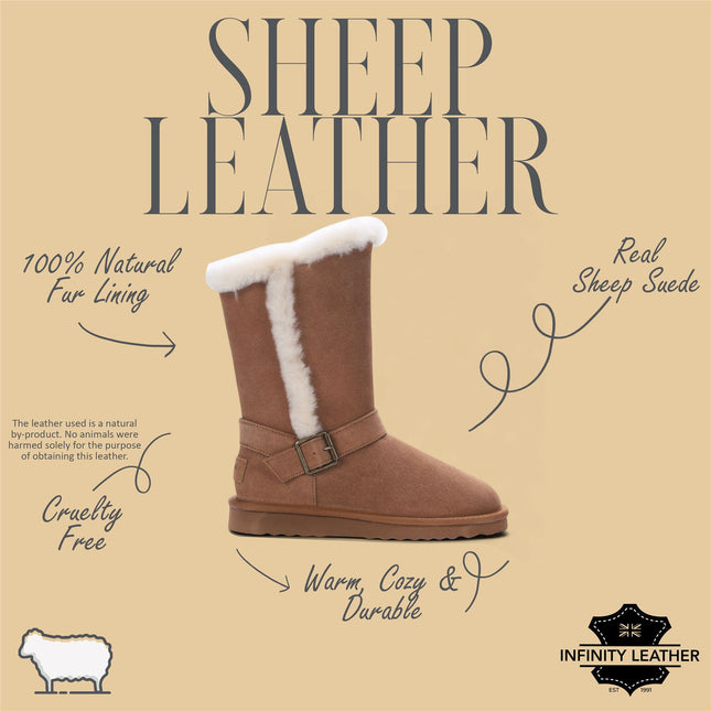 Women's Genuine Sheepskin Tan Brown Suede Calf Winter Warm Boots - Redwood
