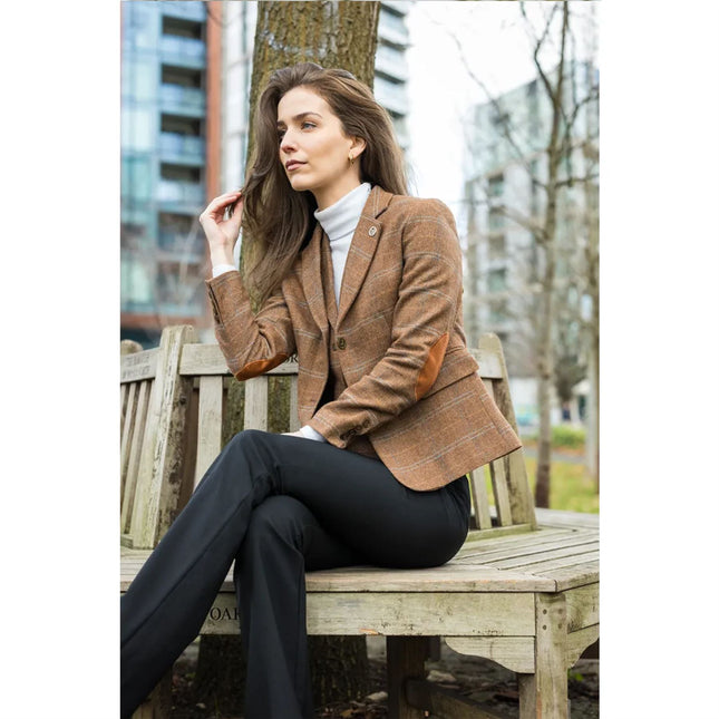 Women's Oak Brown 2 Piece Set Tweed Blazer Waistcoat in Herringbone Check