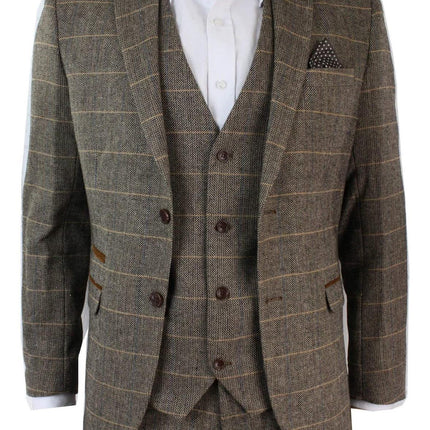 Mens 3 Piece Tan Tweed Check Suit