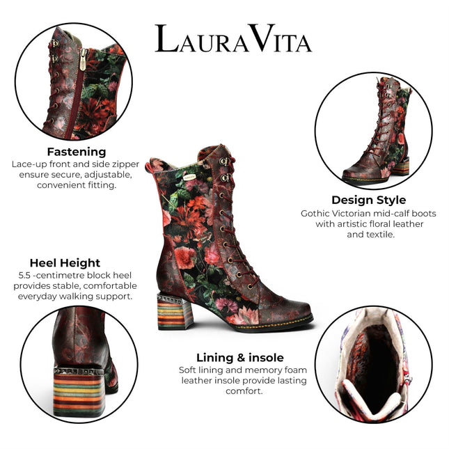 Laura Vita Women's Goth Victorian Floral Wine Leather High Lace-Up Boots - Ibcano-15