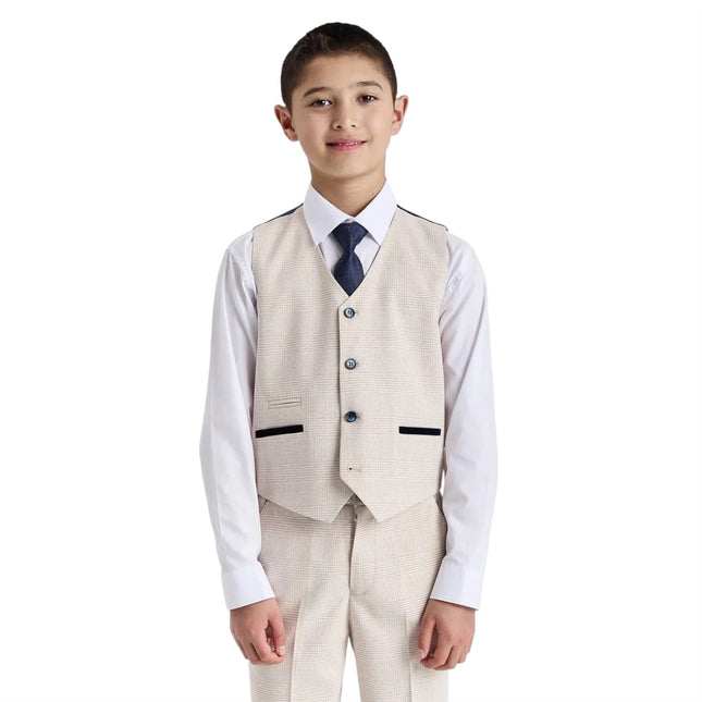 Boys Cream 3 Piece Check Formal Suit - Regent