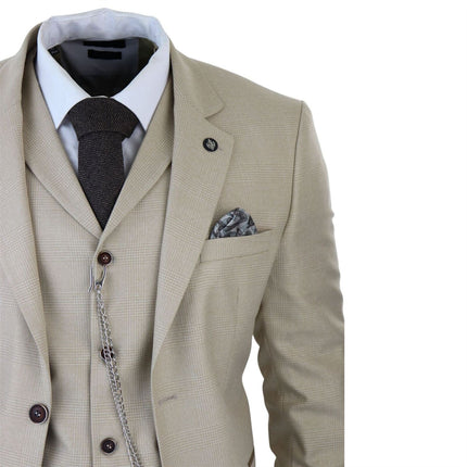Men's 3 Piece Cream Prince Of Wales Check Suit