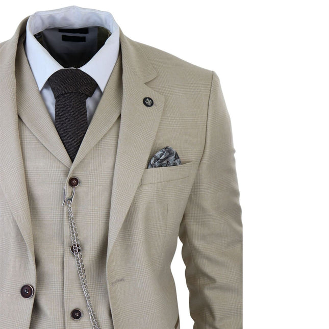 Men's 3 Piece Cream Prince Of Wales Check Suit