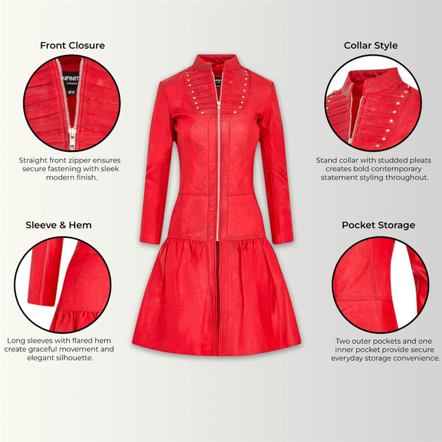 Womens Goth Red Leather Victorian Studded Flare Coat- Ribet
