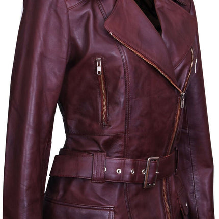 Womens Long Leather Biker Jacket-Quito